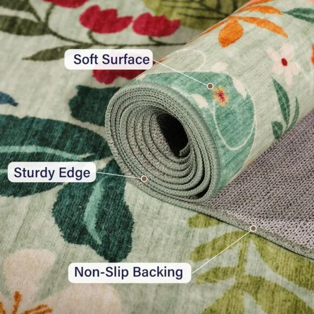 New 2.6x8 Washable Kitchen Runner Rug, Non-Slip Boho Floral Carpet, Green